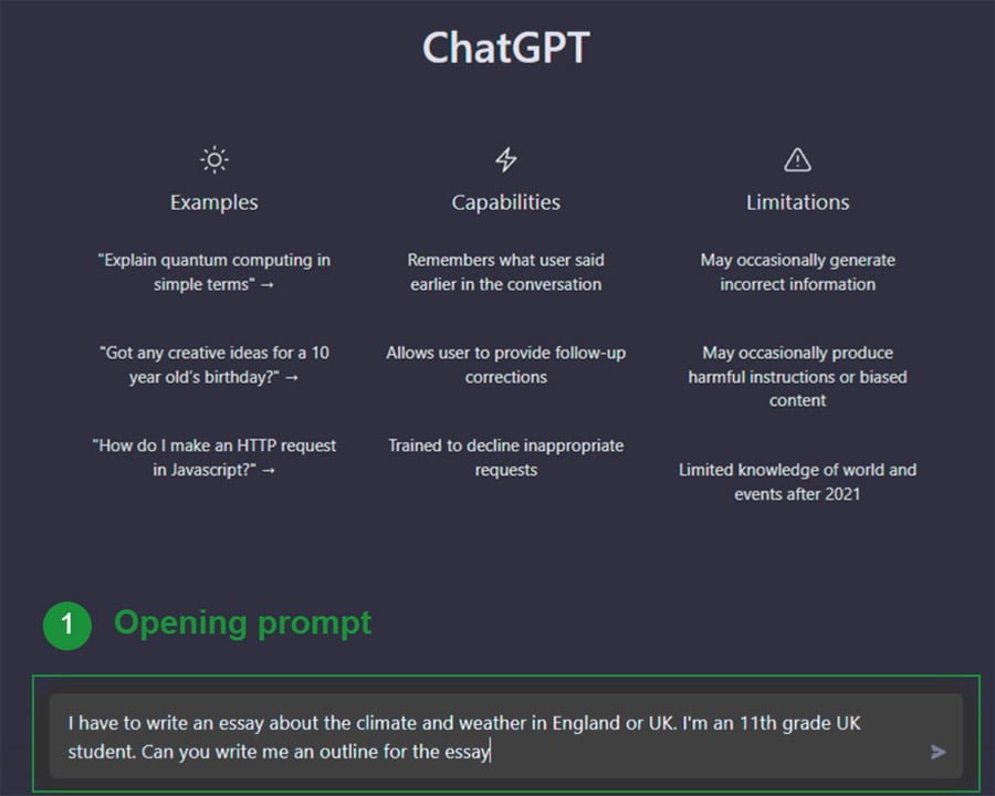 Using ChatGP3 to write an essay. This image shows the opening screen and input prompt for the CahtGPT application. There are also some instructions written on the image.