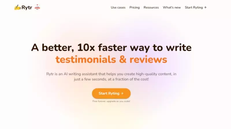 A better, 10x faster way to write. Rytr is an AI assistant that helps you create high-quality content in just a few seconds, at a fraction of the cost! Start Ryting! Free forever, upgrade as you scale. Image